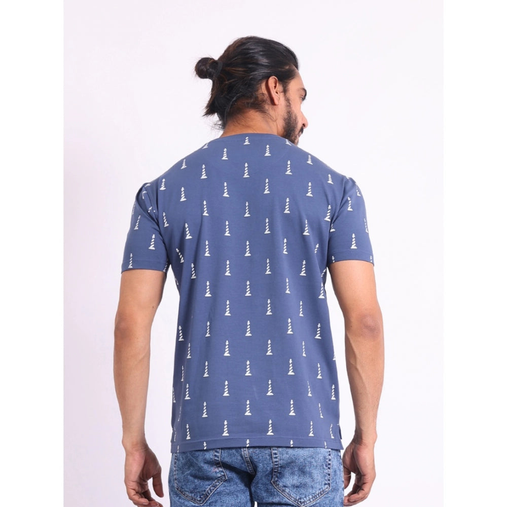 PKRKART Men's Casual Cotton Printed Round Neck Half Sleeve T-Shirt (Blue)