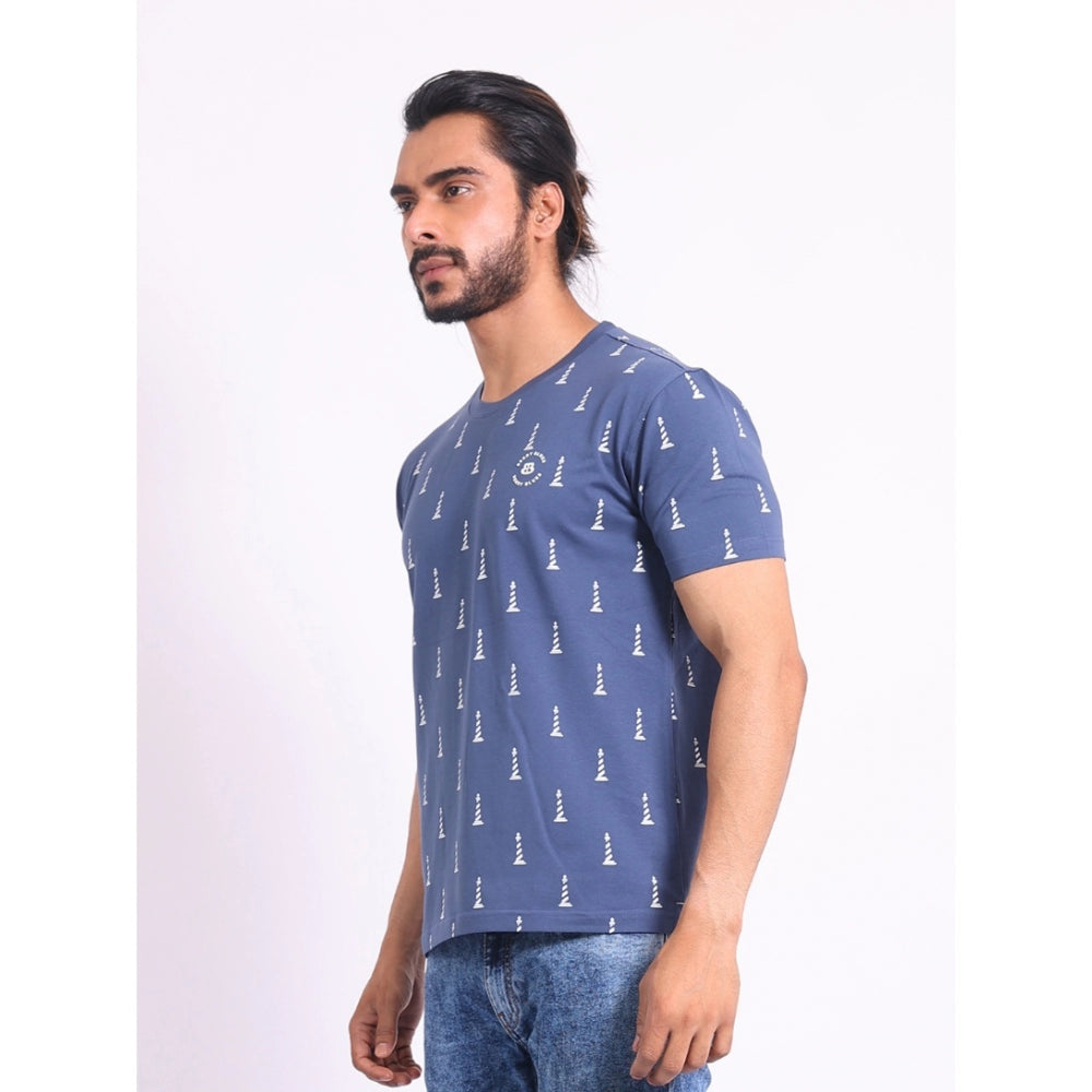 PKRKART Men's Casual Cotton Printed Round Neck Half Sleeve T-Shirt (Blue)