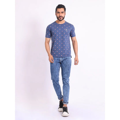 PKRKART Men's Casual Cotton Printed Round Neck Half Sleeve T-Shirt (Blue)