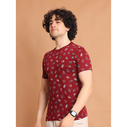 PKRKART Men's Casual Cotton Printed Round Neck Half Sleeve T-Shirt (Maroon)