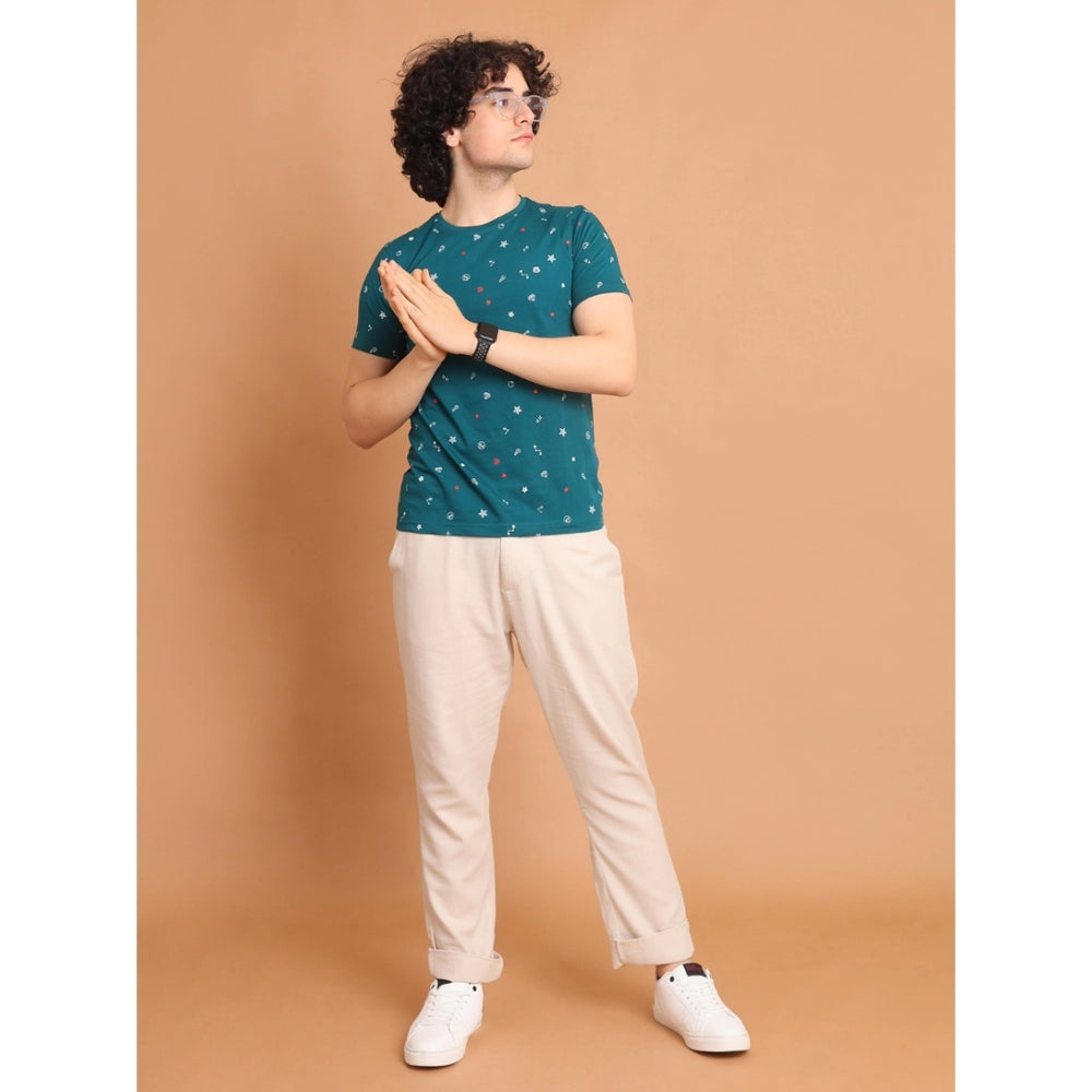 PKRKART Men's Casual Cotton Printed Round Neck Half Sleeve T-Shirt (Green)