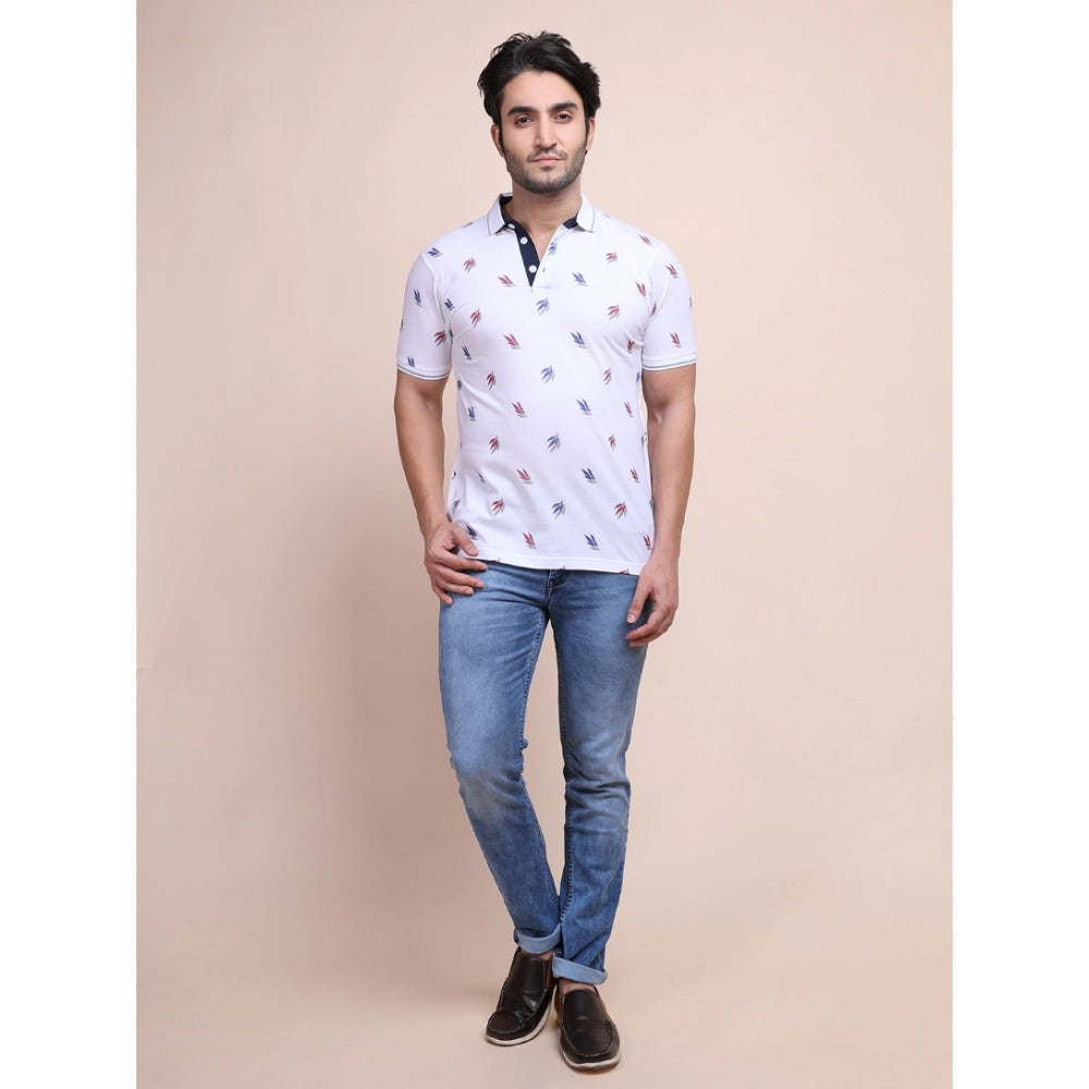 PKRKART Men's Casual Cotton Printed Polo Neck Half Sleeve T-Shirt (White)