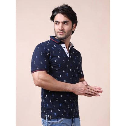 PKRKART Men's Casual Cotton Printed Polo Neck Half Sleeve T-Shirt (Navy)