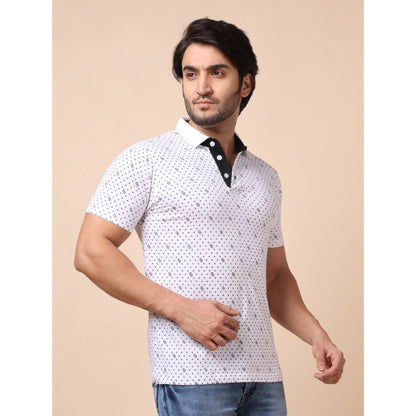 PKRKART Men's Casual Cotton Printed Polo Neck Half Sleeve T-Shirt (White)