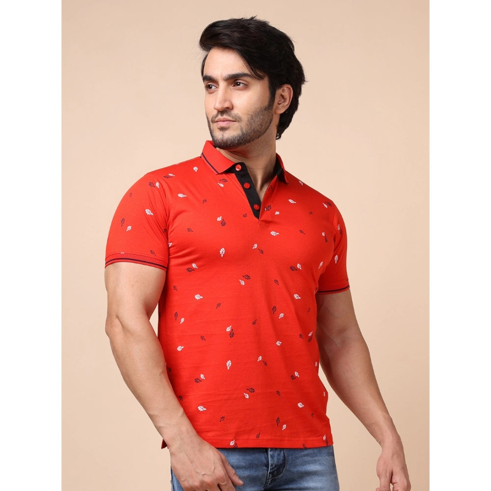 PKRKART Men's Casual Cotton Printed Polo Neck Half Sleeve T-Shirt (Red)