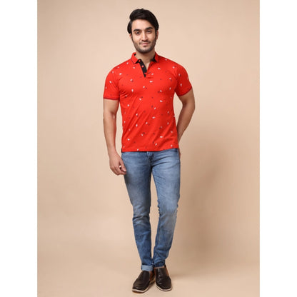 PKRKART Men's Casual Cotton Printed Polo Neck Half Sleeve T-Shirt (Red)
