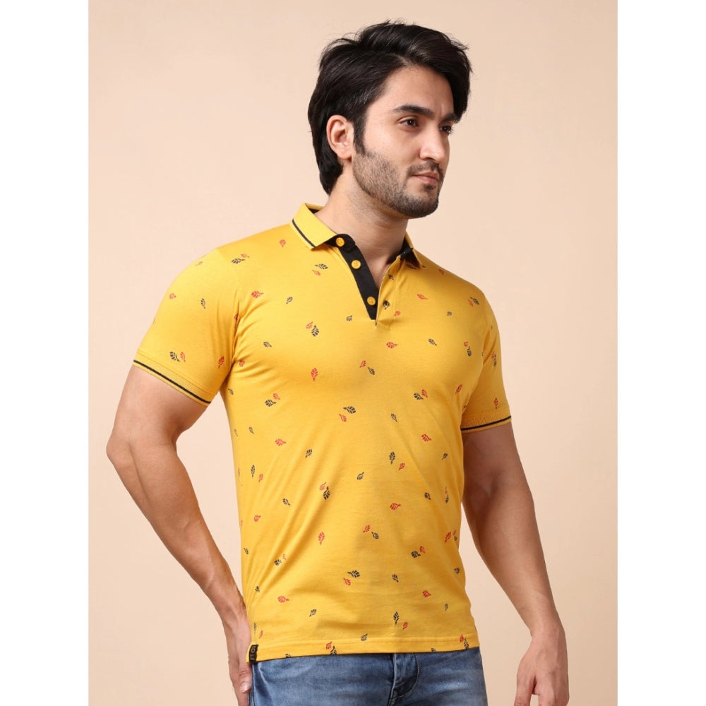 PKRKART Men's Casual Cotton Printed Polo Neck Half Sleeve T-Shirt (Mustard)