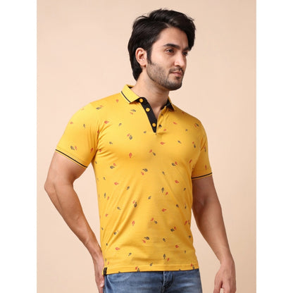 PKRKART Men's Casual Cotton Printed Polo Neck Half Sleeve T-Shirt (Mustard)