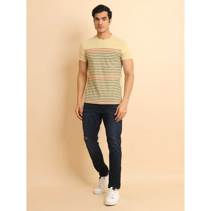 PKRKART Men's Casual Cotton Printed Round Neck Half Sleeve T-Shirt (Beige)