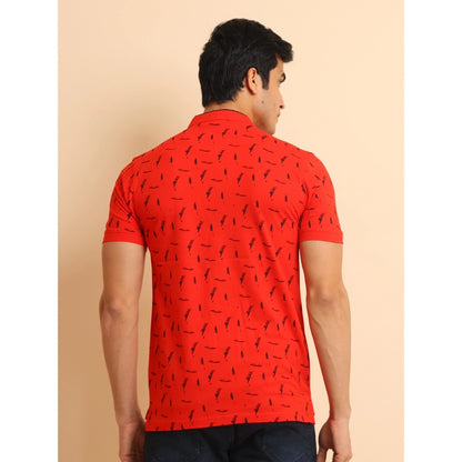 PKRKART Men's Casual Cotton Printed Mandarin Collar Half Sleeve T-Shirt (Red)