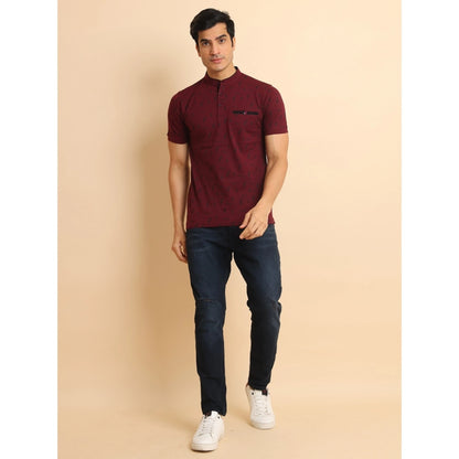 PKRKART Men's Casual Cotton Printed Mandarin Collar Half Sleeve T-Shirt (Plum)
