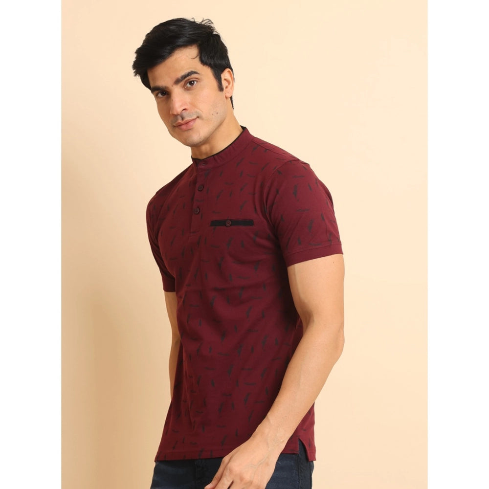 PKRKART Men's Casual Cotton Printed Mandarin Collar Half Sleeve T-Shirt (Plum)