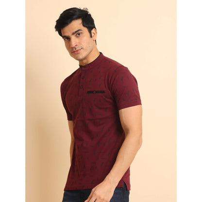 PKRKART Men's Casual Cotton Printed Mandarin Collar Half Sleeve T-Shirt (Plum)