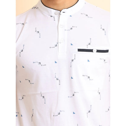 PKRKART Men's Casual Cotton Printed Mandarin Collar Half Sleeve T-Shirt (White)