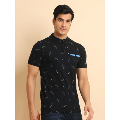 PKRKART Men's Casual Cotton Printed Mandarin Collar Half Sleeve T-Shirt (Navy)