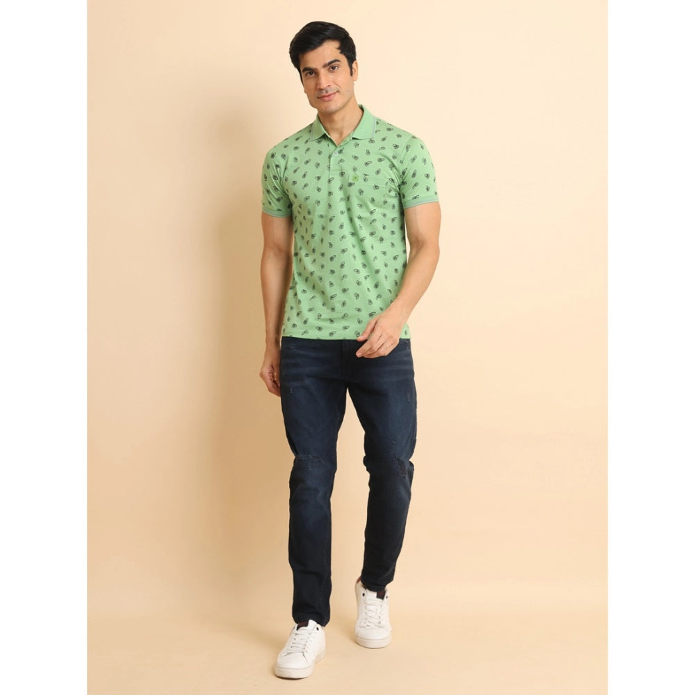 PKRKART Men's Casual Cotton Printed Polo Neck Half Sleeve T-Shirt (Light Green)