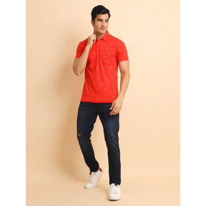 PKRKART Men's Casual Cotton Printed Polo Neck Half Sleeve T-Shirt (Red)