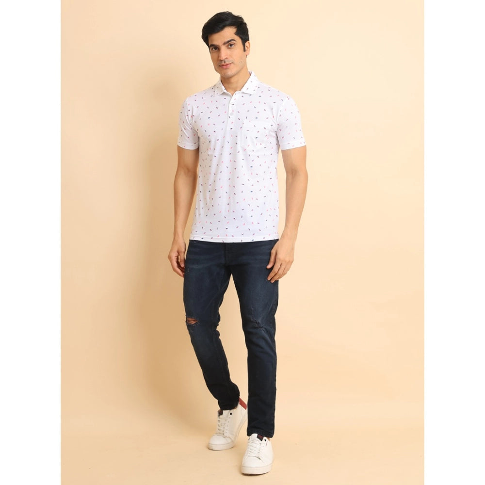 PKRKART Men's Casual Cotton Printed Polo Neck Half Sleeve T-Shirt (White)