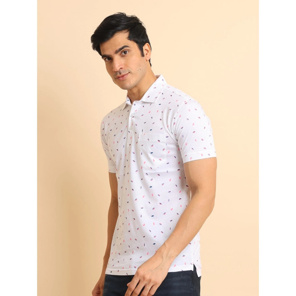 PKRKART Men's Casual Cotton Printed Polo Neck Half Sleeve T-Shirt (White)