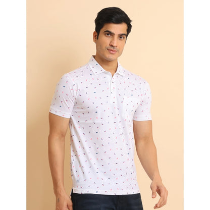 PKRKART Men's Casual Cotton Printed Polo Neck Half Sleeve T-Shirt (White)