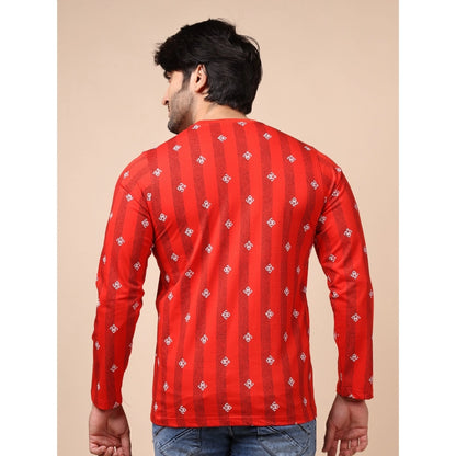 PKRKART Men's Casual Cotton Printed Round Neck Full Sleeve T-Shirt (Red)