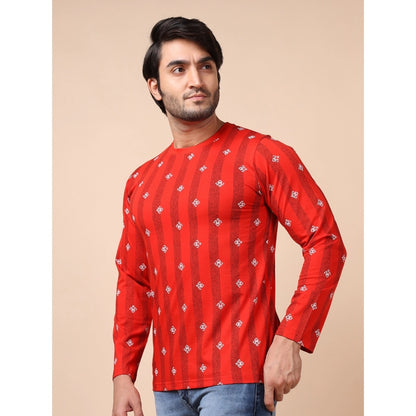 PKRKART Men's Casual Cotton Printed Round Neck Full Sleeve T-Shirt (Red)