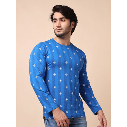 PKRKART Men's Casual Cotton Printed Round Neck Full Sleeve T-Shirt (Blue)