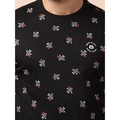 PKRKART Men's Casual Cotton Printed Round Neck Full Sleeve Sweat T-Shirt (Black)