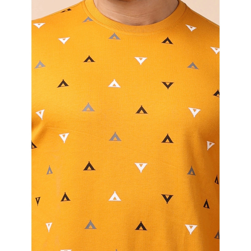 PKRKART Men's Casual Cotton Printed Round Neck Full Sleeve Sweat T-Shirt (Mustard)