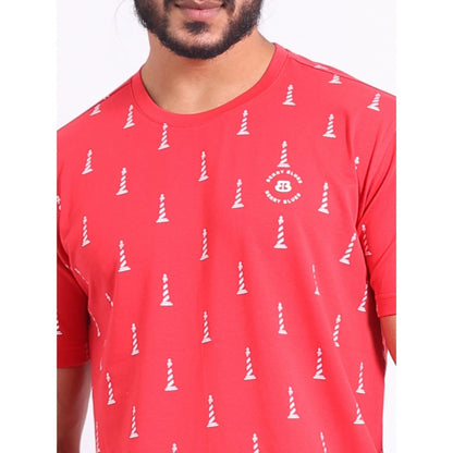 PKRKART Men's Casual Cotton Printed Round Neck Half Sleeve T-Shirt (Red)