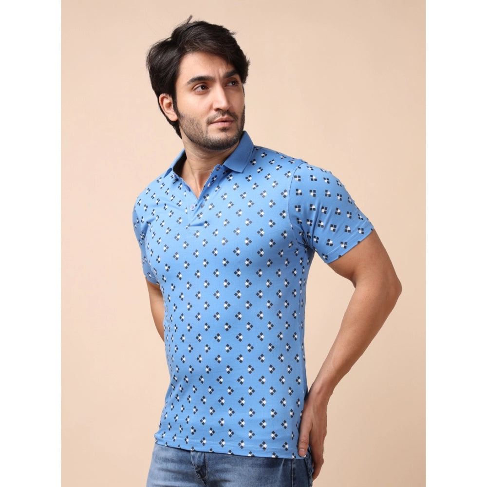 PKRKART Men's Casual Cotton Printed Polo Neck Half Sleeve T-Shirt (Blue)