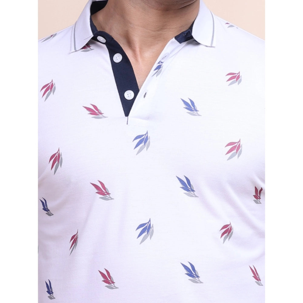 PKRKART Men's Casual Cotton Printed Polo Neck Half Sleeve T-Shirt (White)