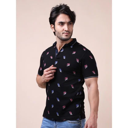 PKRKART Men's Casual Cotton Printed Polo Neck Half Sleeve T-Shirt (Black)