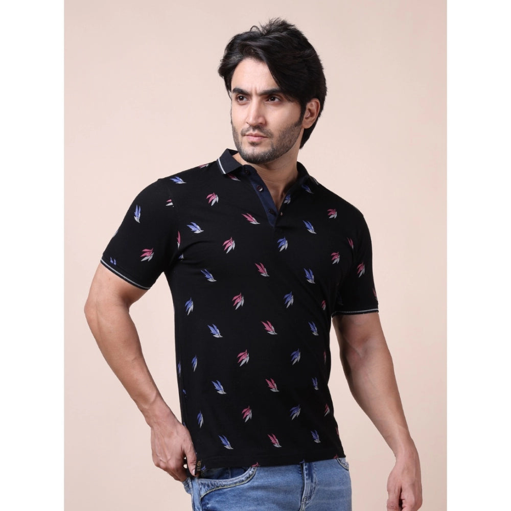 PKRKART Men's Casual Cotton Printed Polo Neck Half Sleeve T-Shirt (Black)