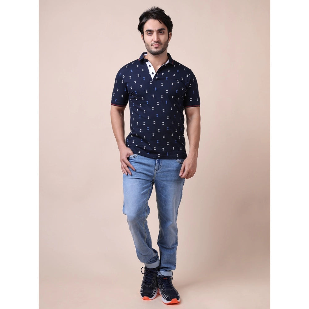 PKRKART Men's Casual Cotton Printed Polo Neck Half Sleeve T-Shirt (Navy)