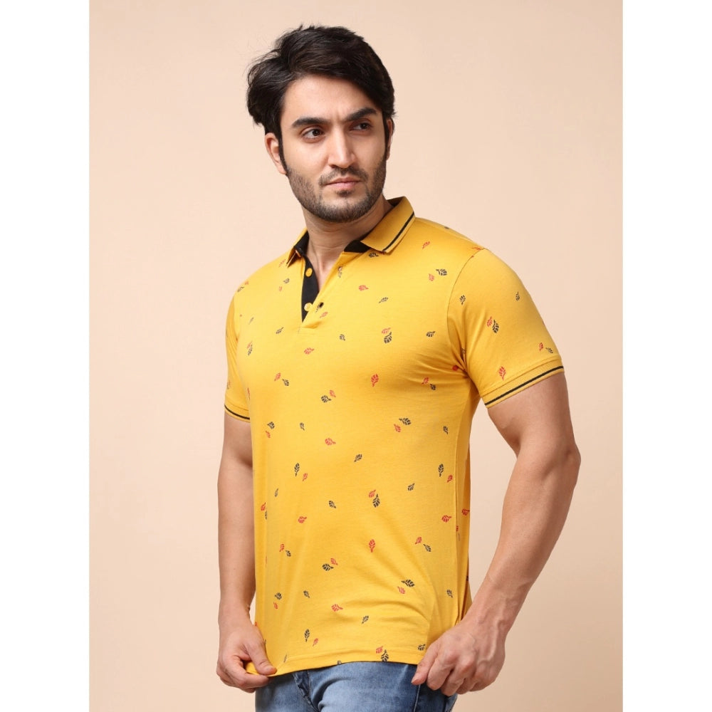 PKRKART Men's Casual Cotton Printed Polo Neck Half Sleeve T-Shirt (Mustard)