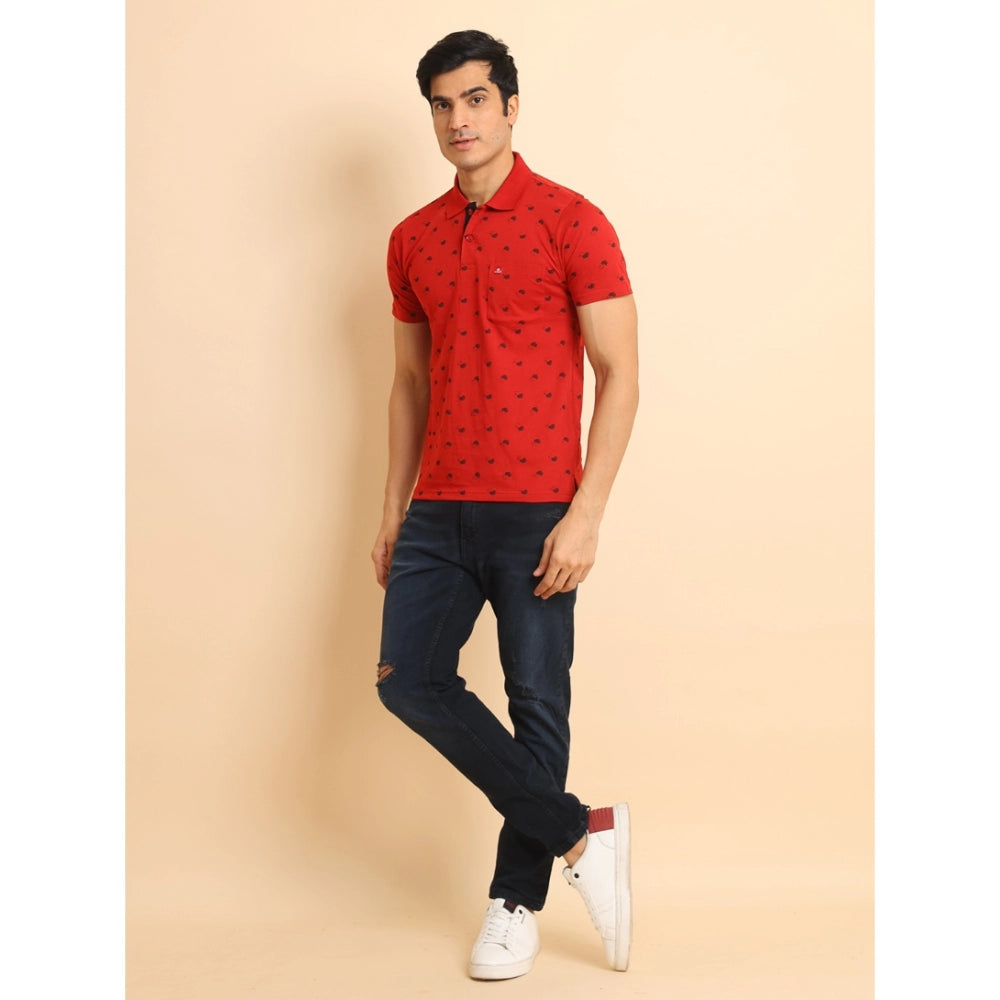 PKRKART Men's Casual Cotton Printed Polo Neck Half Sleeve T-Shirt (Red)
