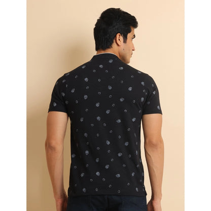 PKRKART Men's Casual Cotton Printed Mandarin Collar Half Sleeve T-Shirt (Black)