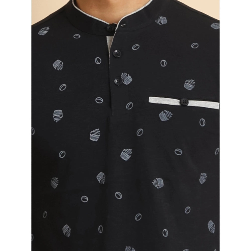 PKRKART Men's Casual Cotton Printed Mandarin Collar Half Sleeve T-Shirt (Black)
