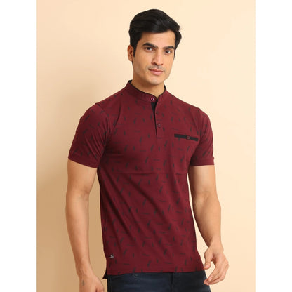 PKRKART Men's Casual Cotton Printed Mandarin Collar Half Sleeve T-Shirt (Plum)