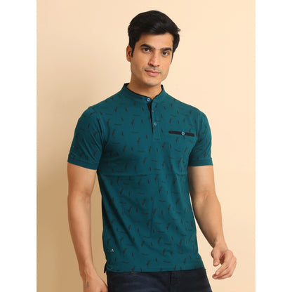 PKRKART Men's Casual Cotton Printed Mandarin Collar Half Sleeve T-Shirt (Green)