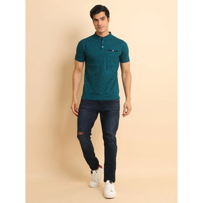 PKRKART Men's Casual Cotton Printed Mandarin Collar Half Sleeve T-Shirt (Green)