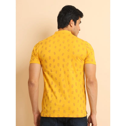 PKRKART Men's Casual Cotton Printed Mandarin Collar Half Sleeve T-Shirt (Mustard)