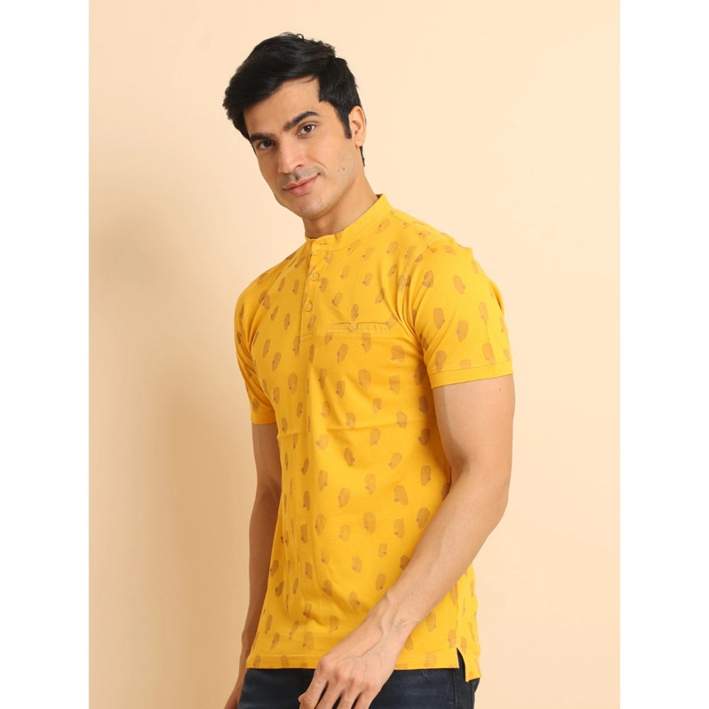 PKRKART Men's Casual Cotton Printed Mandarin Collar Half Sleeve T-Shirt (Mustard)
