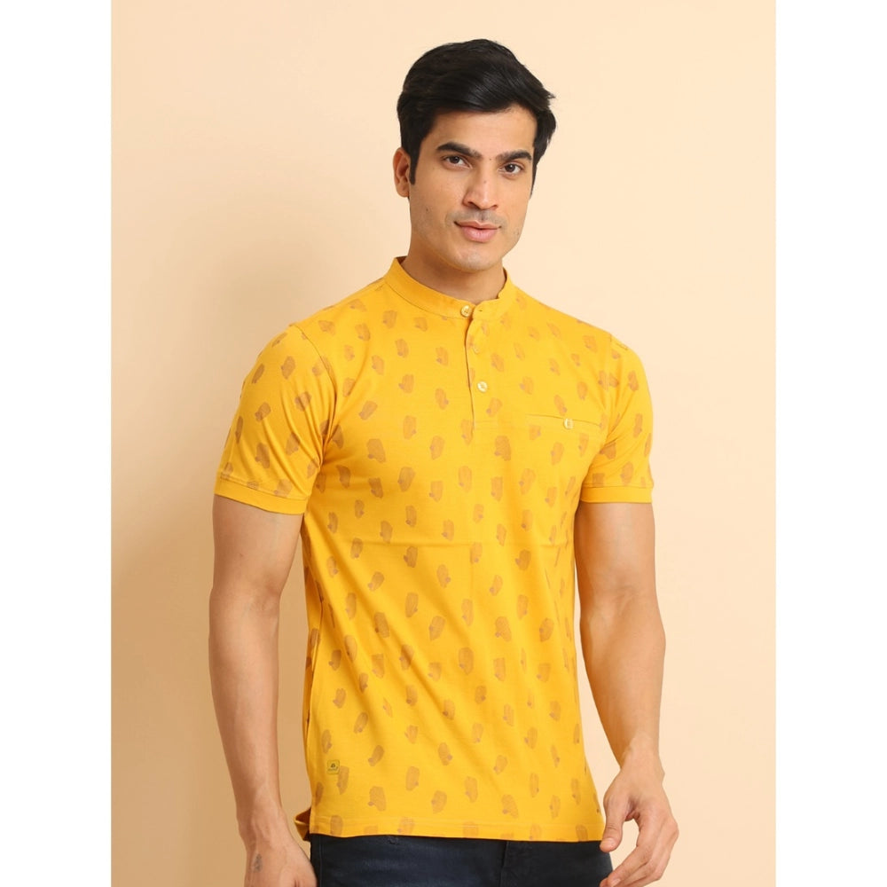 PKRKART Men's Casual Cotton Printed Mandarin Collar Half Sleeve T-Shirt (Mustard)