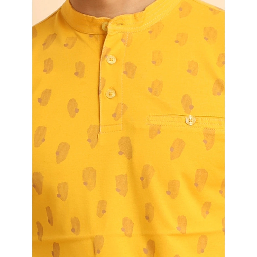 PKRKART Men's Casual Cotton Printed Mandarin Collar Half Sleeve T-Shirt (Mustard)