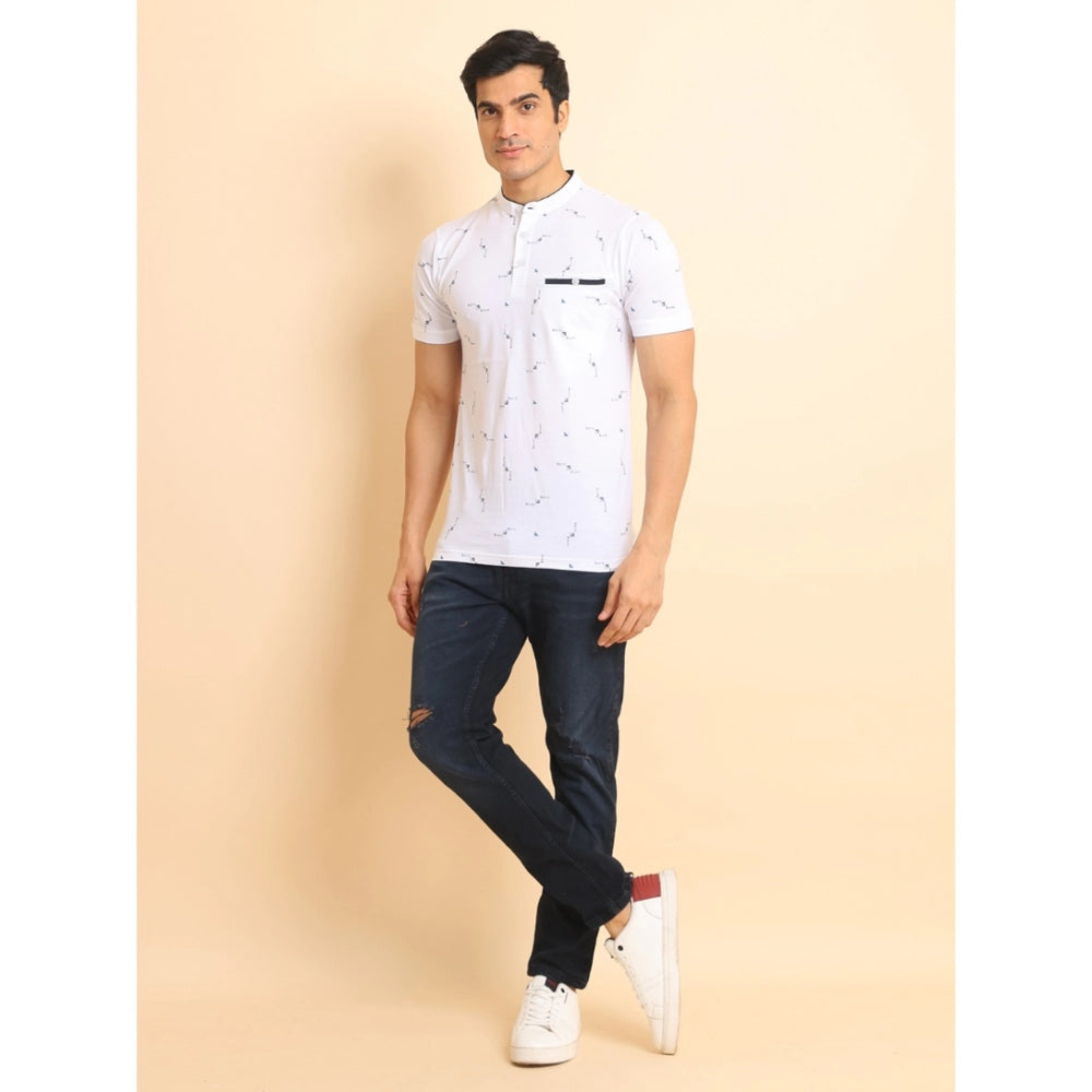 PKRKART Men's Casual Cotton Printed Mandarin Collar Half Sleeve T-Shirt (White)
