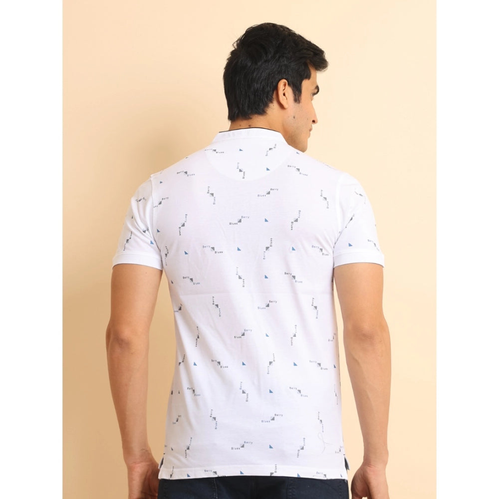 PKRKART Men's Casual Cotton Printed Mandarin Collar Half Sleeve T-Shirt (White)