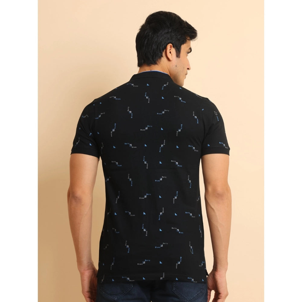 PKRKART Men's Casual Cotton Printed Mandarin Collar Half Sleeve T-Shirt (Navy)