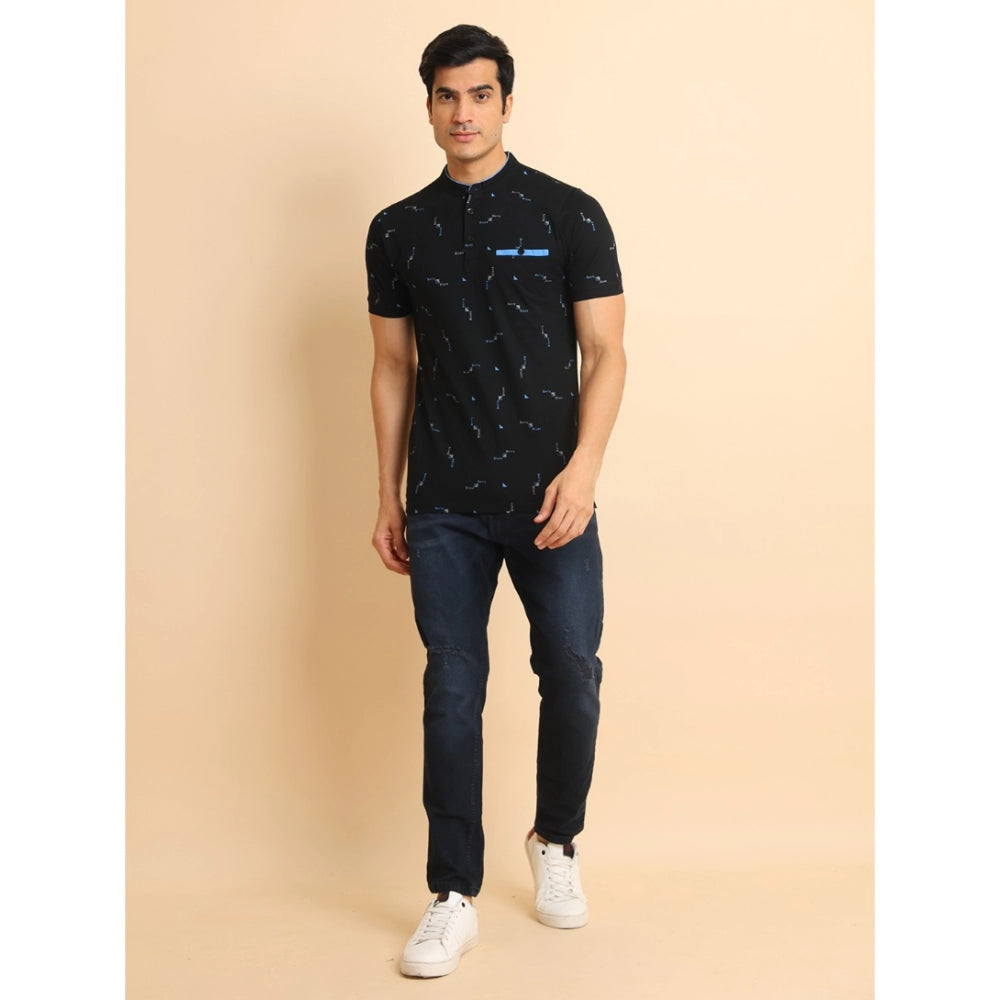 PKRKART Men's Casual Cotton Printed Mandarin Collar Half Sleeve T-Shirt (Navy)